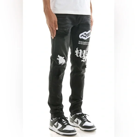 NWT KDNK Men’s Varsity Patched Grunge Jeans in Black/White Size 30